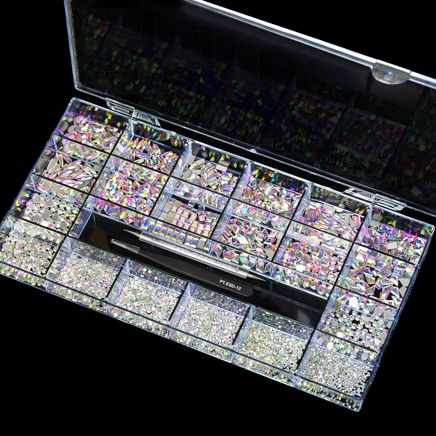 12 Types of 600 Crystal AB Diamonds + 2500 Flat Rhinestones Mix 20 Styles Flatback DIY Crafts Rhinestone Crystals 3D OrnamentS Flat Back Stones Set + Tweezers + Drill Pen