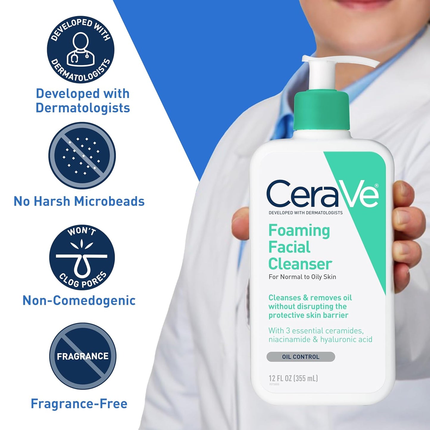 Foaming Facial Cleanser, Daily Face Wash for Oily Skin, Hyaluronic Acid + Ceramides + Niacinamide, Fragrance Free & Paraben Free, Non-Drying Oil Control Face Wash, 16 Fluid Ounces