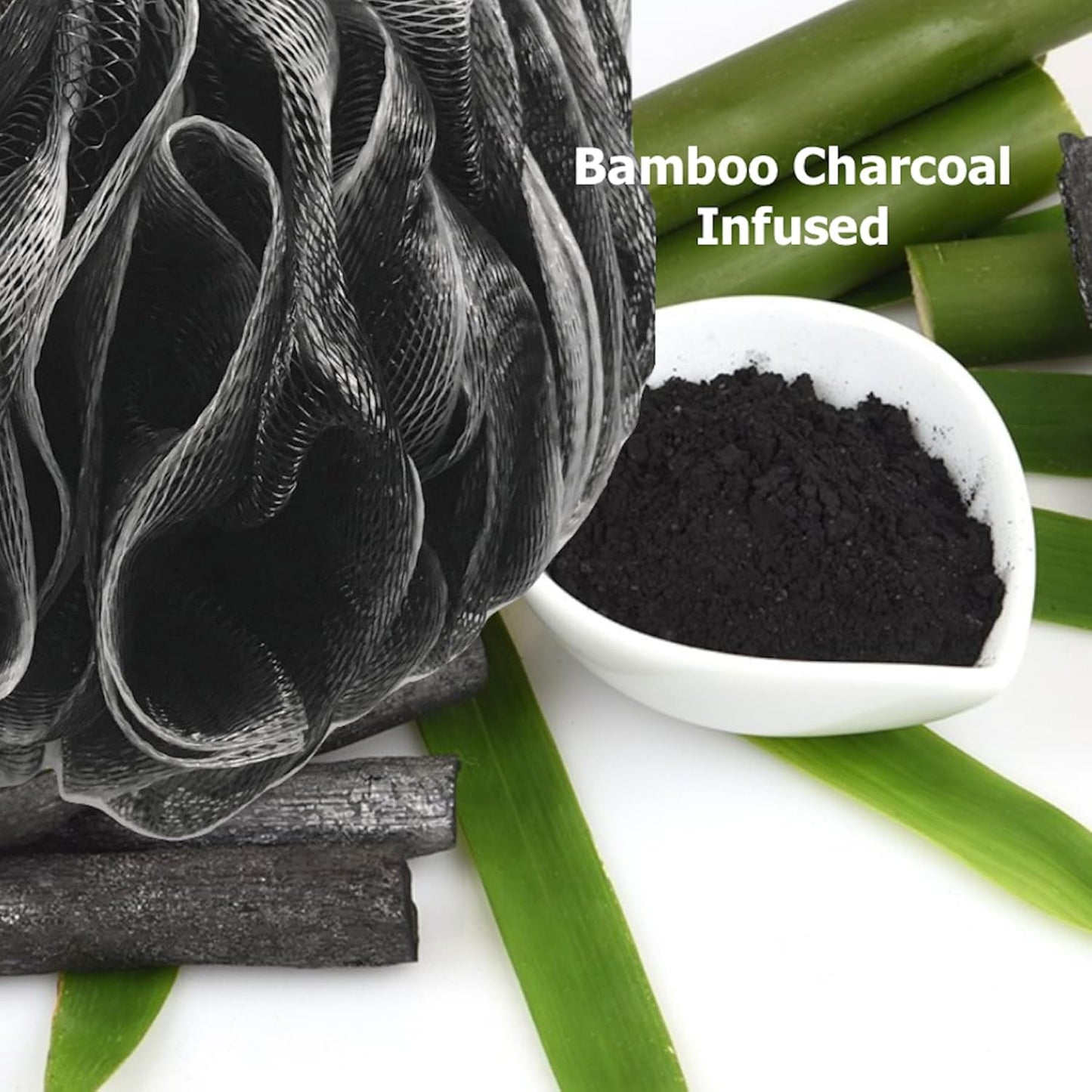 Loofah-Charcoal Bath-Sponge Xl-Color-4-Pack // Extra Large 75G Soft Mesh Black Luffa Loofa Loufa Puff Set/Exfoliating Body Scrubber for Women and Men - Exfoliate & Soothe Face & Body