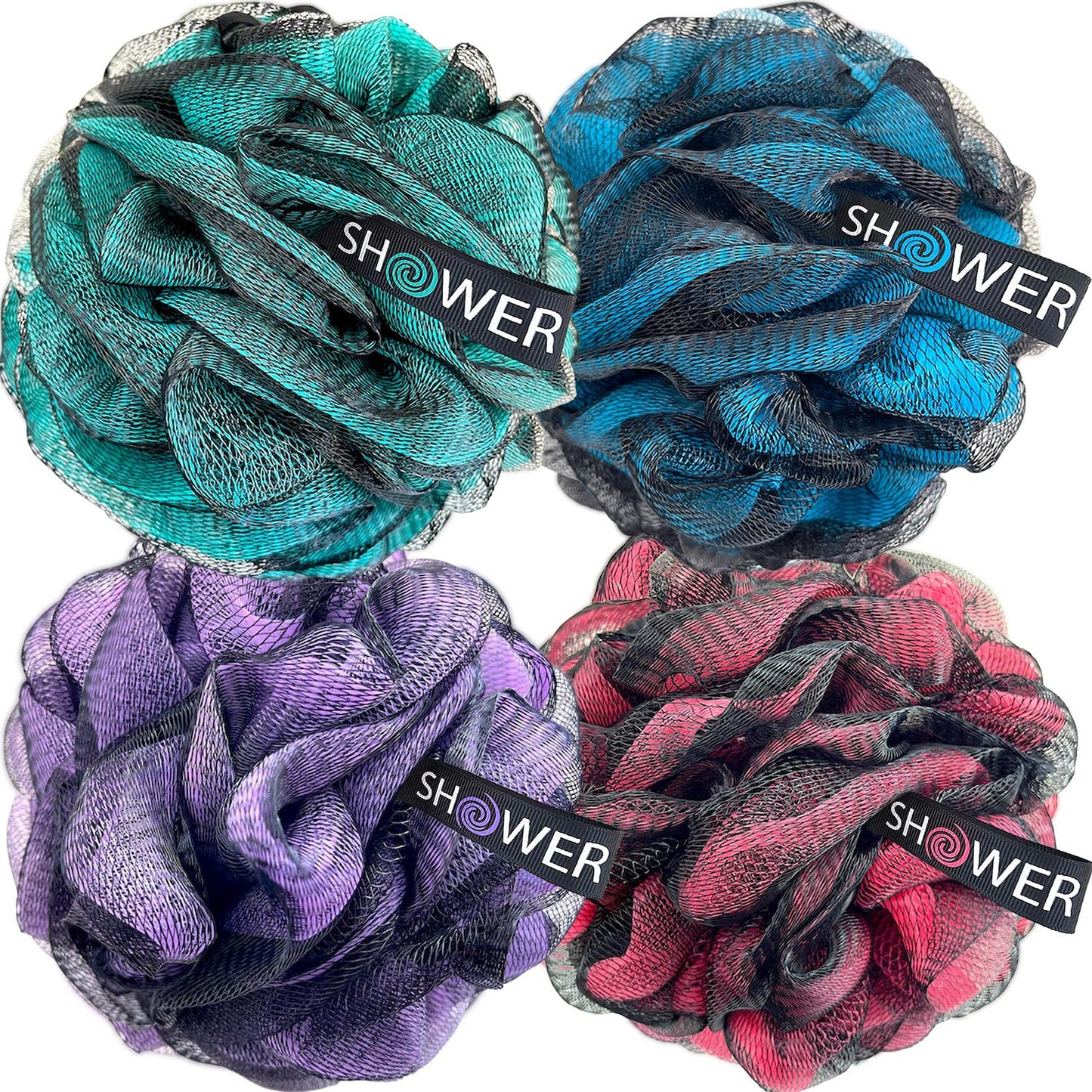 Loofah-Charcoal Bath-Sponge Xl-Color-4-Pack // Extra Large 75G Soft Mesh Black Luffa Loofa Loufa Puff Set/Exfoliating Body Scrubber for Women and Men - Exfoliate & Soothe Face & Body