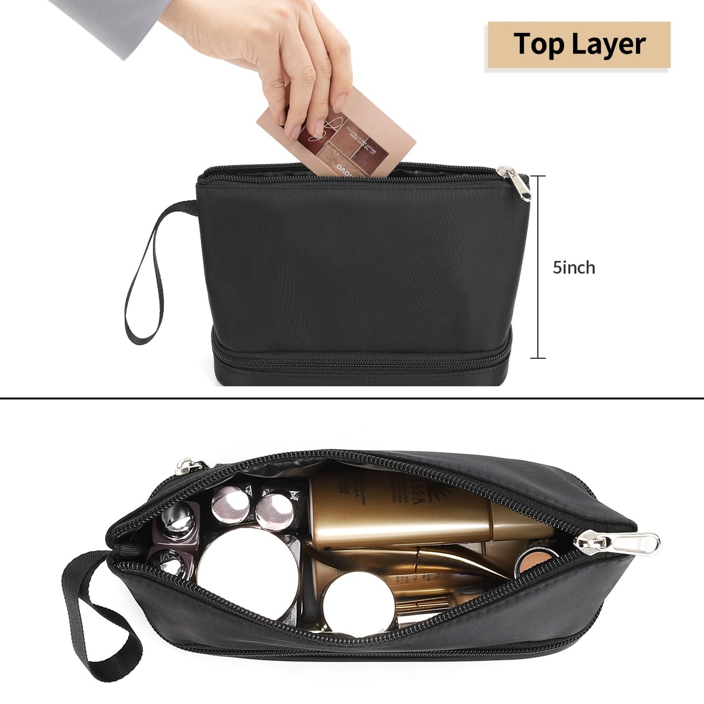 Small Makeup Bag for Purse, Double Layer Travel Makeup Brushes Organizer Bags for Women Cosmetic Bag Black Makeup Pouch for Women/Girls