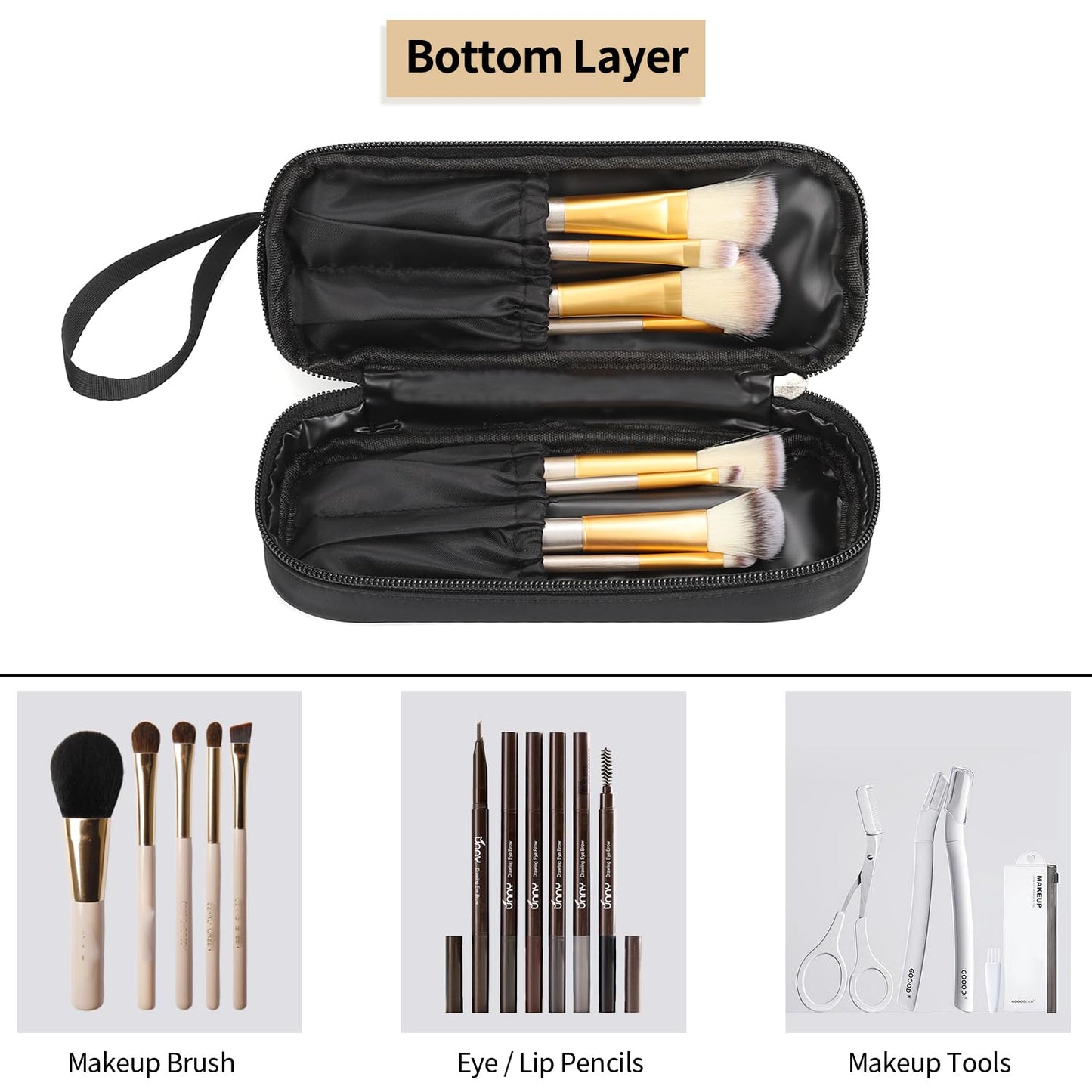 Small Makeup Bag for Purse, Double Layer Travel Makeup Brushes Organizer Bags for Women Cosmetic Bag Black Makeup Pouch for Women/Girls