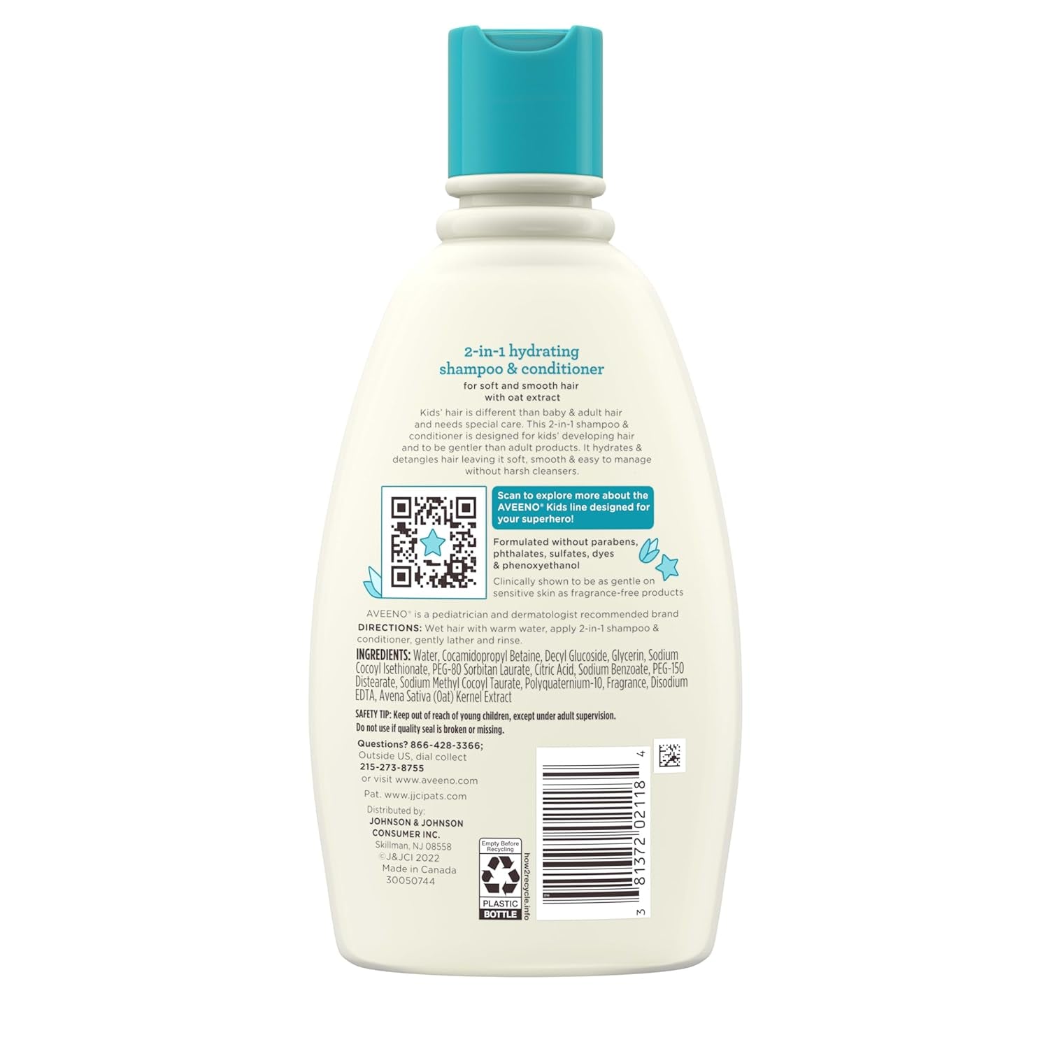 Aveeno Kids 2-In-1 Hydrating Shampoo & Conditioner, Gently Cleanses, Conditions & Detangles Kids Hair, Formulated with Oat Extract, for Sensitive Skin & Scalp, Hypoallergenic, 12 Fl. Oz