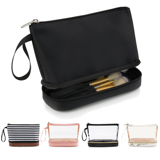 Small Makeup Bag for Purse, Double Layer Travel Makeup Brushes Organizer Bags for Women Cosmetic Bag Black Makeup Pouch for Women/Girls