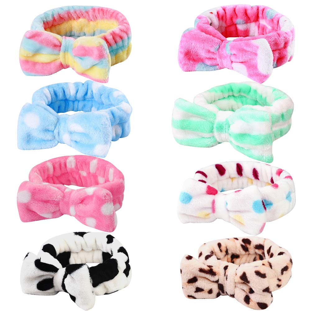 8 Pack Spa Bow Headbands - Coral Fleece Terry Cloth Facial Hair Bands for Washing Face, Shower & Cosmetics