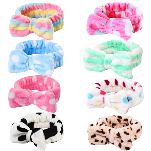 8 Pack Spa Bow Headbands - Coral Fleece Terry Cloth Facial Hair Bands for Washing Face, Shower & Cosmetics