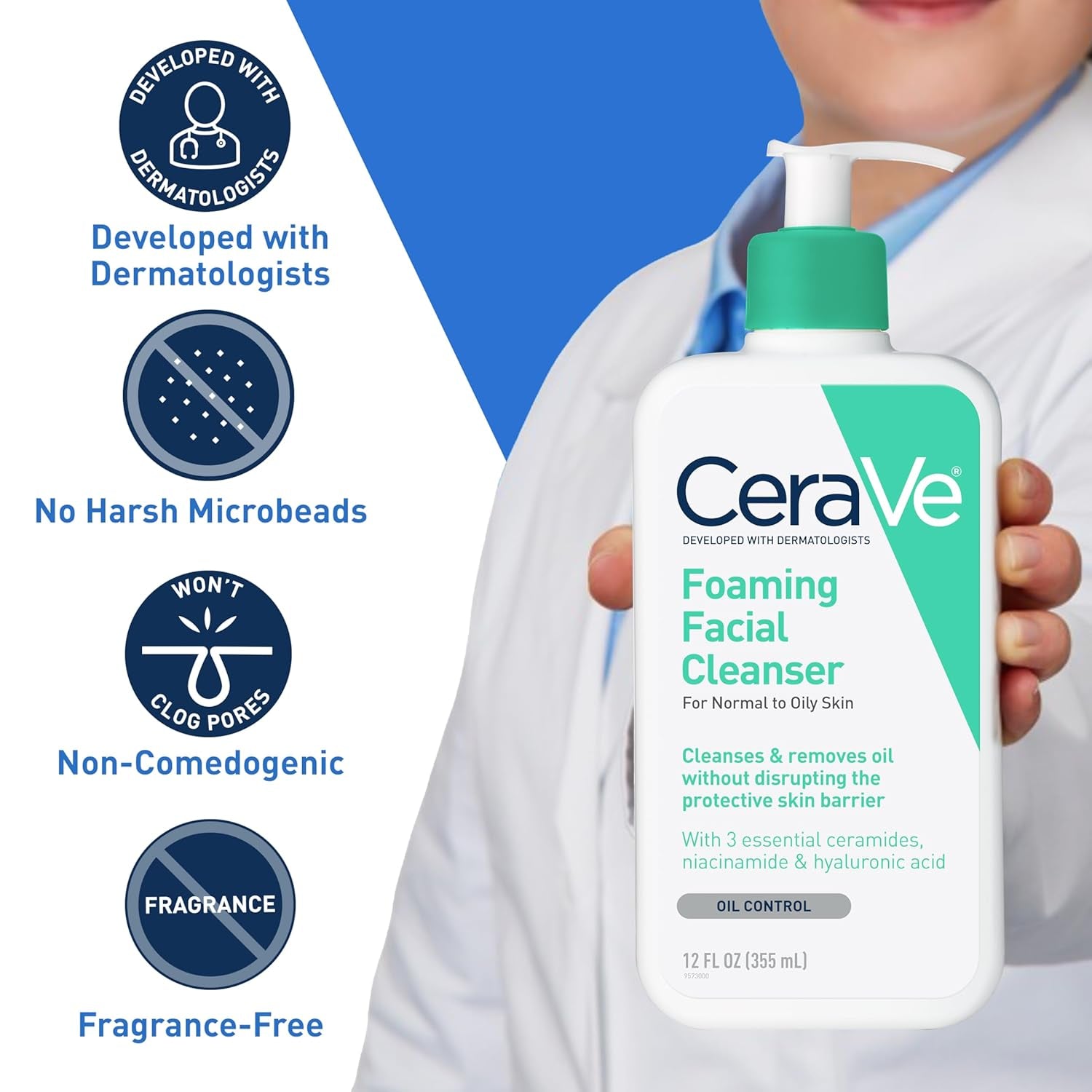 Foaming Facial Cleanser, Daily Face Wash for Oily Skin, Hyaluronic Acid + Ceramides + Niacinamide, Fragrance Free & Paraben Free, Non-Drying Oil Control Face Wash, 16 Fluid Ounces