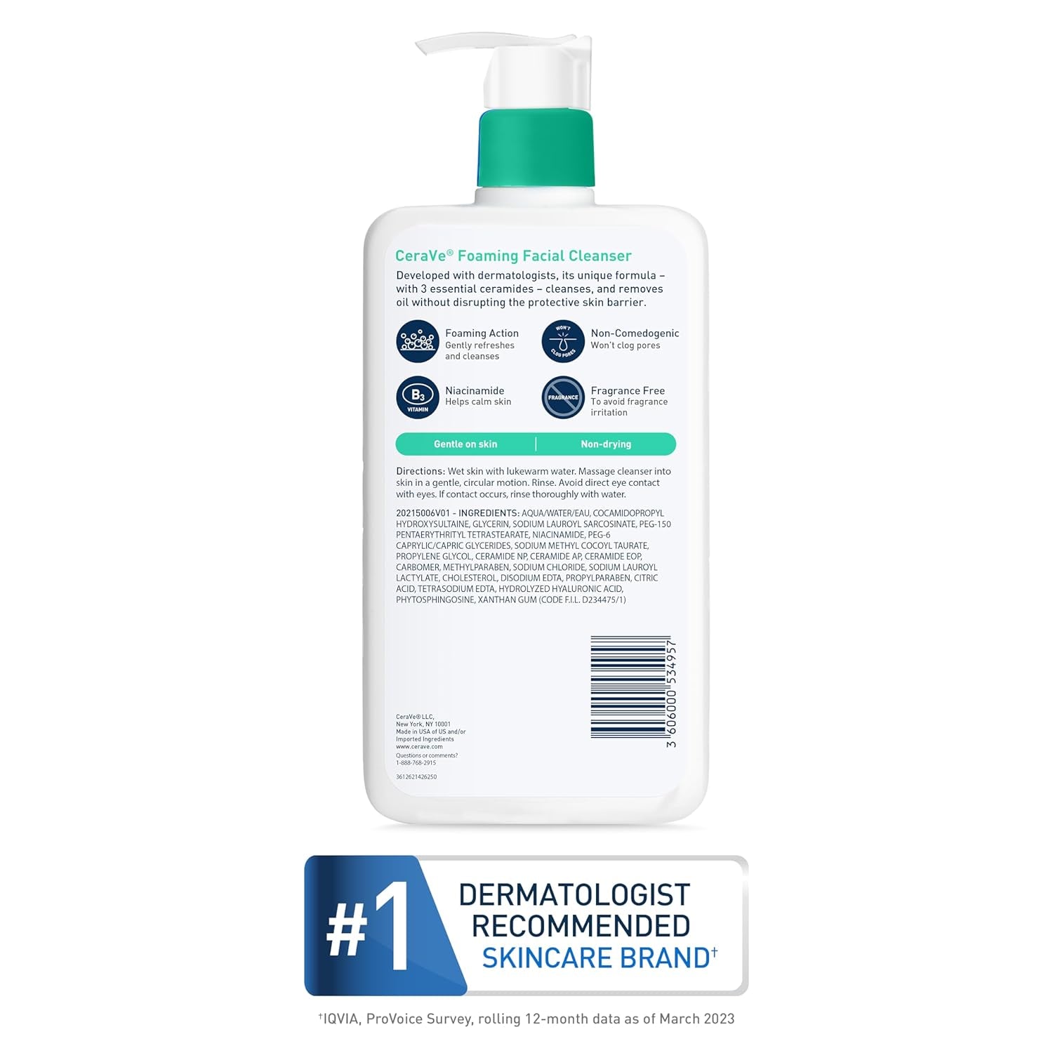 Foaming Facial Cleanser, Daily Face Wash for Oily Skin, Hyaluronic Acid + Ceramides + Niacinamide, Fragrance Free & Paraben Free, Non-Drying Oil Control Face Wash, 16 Fluid Ounces