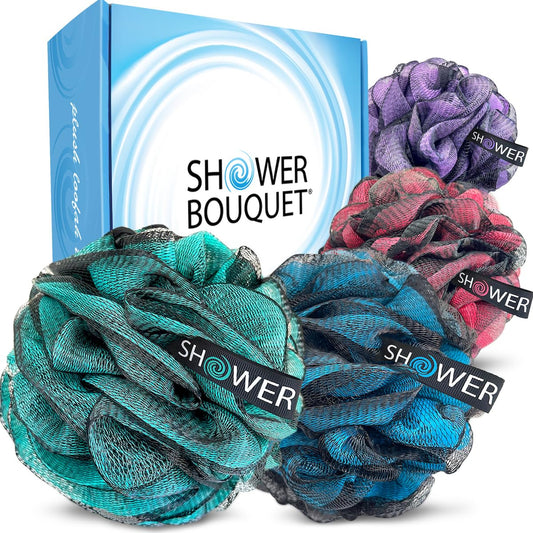 Loofah-Charcoal Bath-Sponge Xl-Color-4-Pack // Extra Large 75G Soft Mesh Black Luffa Loofa Loufa Puff Set/Exfoliating Body Scrubber for Women and Men - Exfoliate & Soothe Face & Body