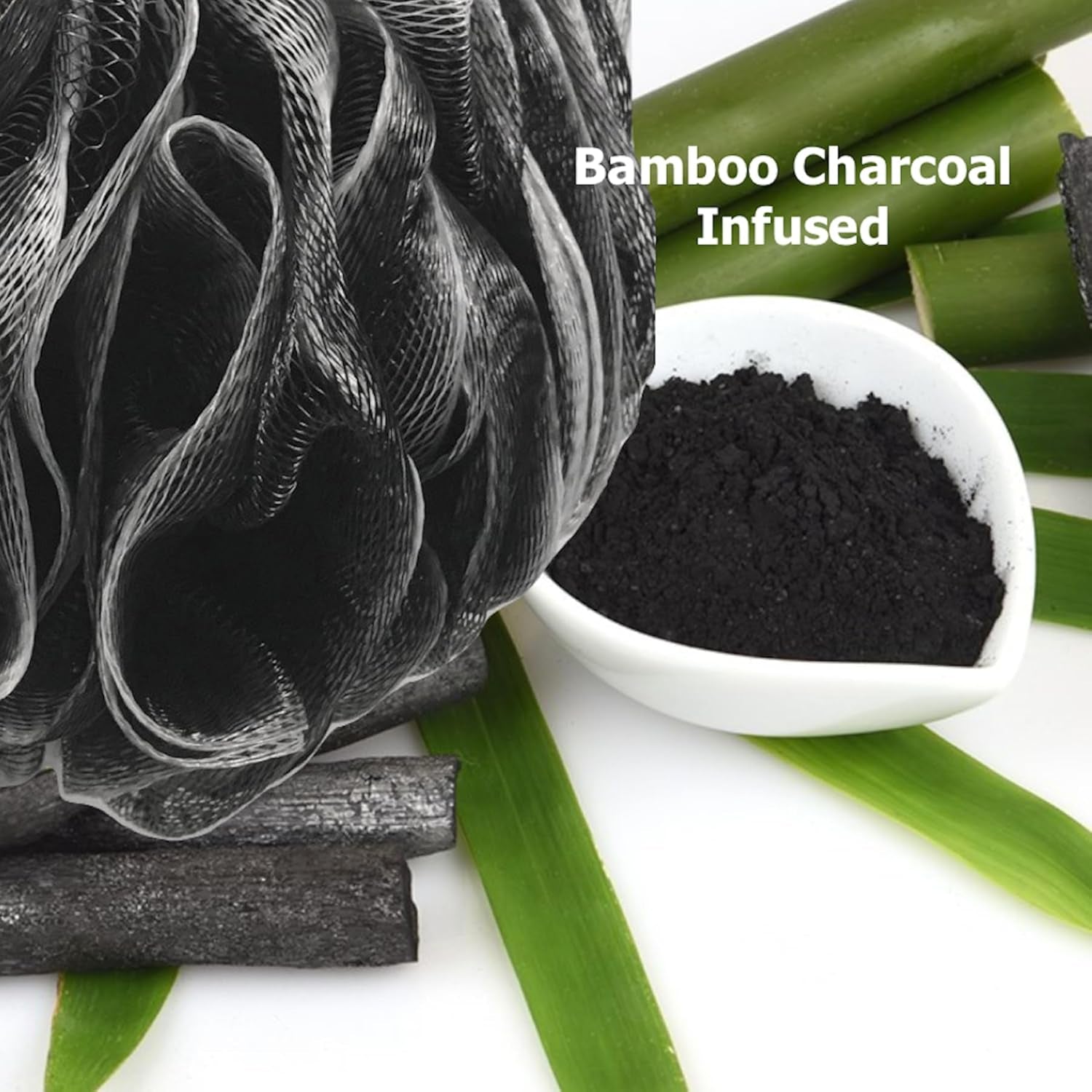 Loofah-Charcoal Bath-Sponge Xl-Color-4-Pack // Extra Large 75G Soft Mesh Black Luffa Loofa Loufa Puff Set/Exfoliating Body Scrubber for Women and Men - Exfoliate & Soothe Face & Body