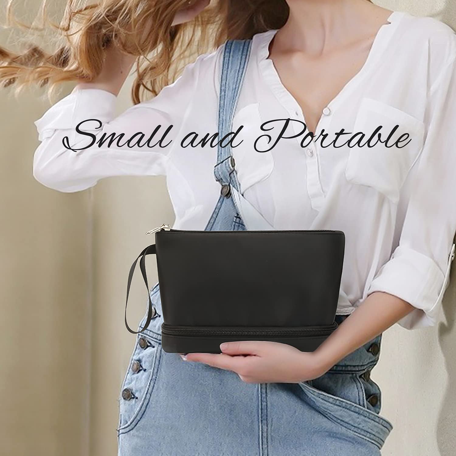 Small Makeup Bag for Purse, Double Layer Travel Makeup Brushes Organizer Bags for Women Cosmetic Bag Black Makeup Pouch for Women/Girls