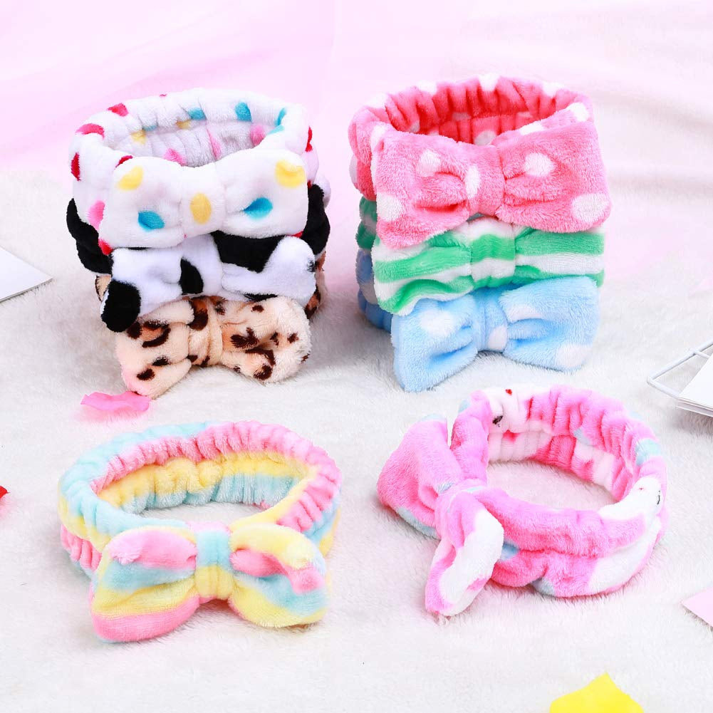 8 Pack Spa Bow Headbands - Coral Fleece Terry Cloth Facial Hair Bands for Washing Face, Shower & Cosmetics
